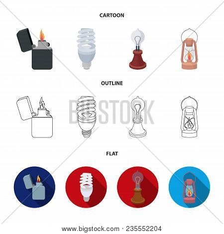 Lighter, Economical Light Bulb, Edison Lamp, Kerosene Lamp.light Source Set Collection Icons In Cart