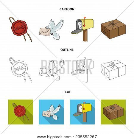 Wax Seal, Postal Pigeon With Envelope, Mail Box And Parcel.mail And Postman Set Collection Icons In 