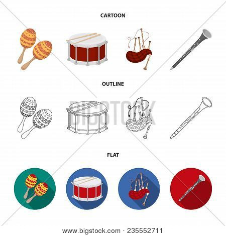 Maracas, Drum, Scottish Bagpipes, Clarinet. Musical Instruments Set Collection Icons In Cartoon, Out