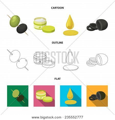 Olives On Skewers. A Piece Of Black Olives, A Jar Of Cream, A Drop Of Oil.olives Set Collection Icon