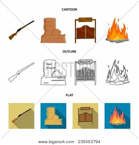 Winchester, Saloon, Rock, Fire.wild West Set Collection Icons In Cartoon, Outline, Flat Style Vector