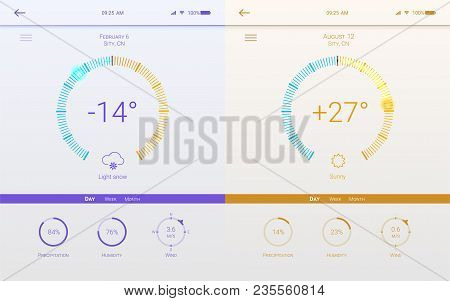 Ui Of Page Of Weather For Mobile App. Template Of Winter And Summer Layouts For Mobile Apps. Page Of