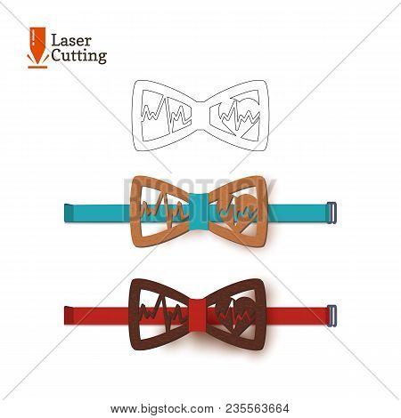 Laser Cut Bow-tie Template. Vector Silhouette For Cutting A Bow Tie With Cardiogram And Heart On A L