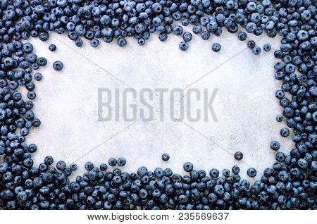 Texture Of Blueberry Berries Close Up. Border Design. Fresh Blueberries Background With Copy Space F
