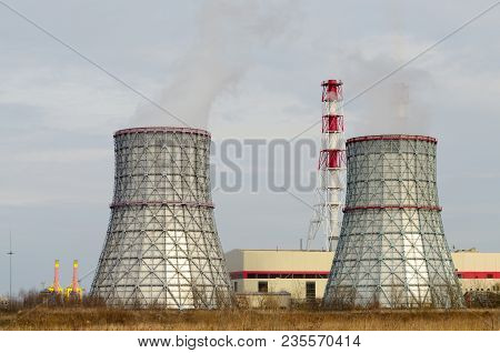 Large Cooling Pipes At The Thermal Power Plant.inside Them Steam Is Cooled And Condensed Water.