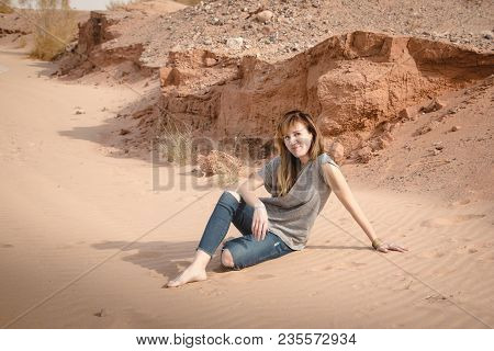 Girl Have Fun In Desert In A Summer Day