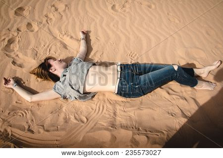 Girl Have Fun In Desert In A Summer Day