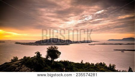 Sunset Panorama View To Alesund From Fjellstua Viewpoint At Norway
