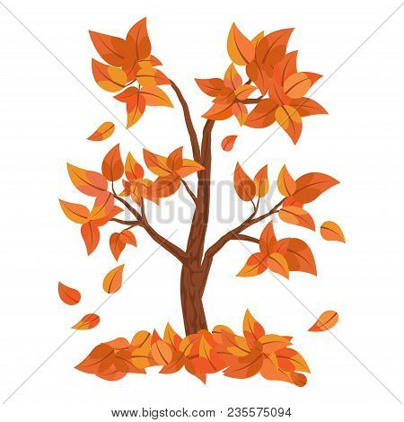 Autumn Tree With Falling Leaves Isolated On White Background. Pile Of Leaves. Vector Illustration