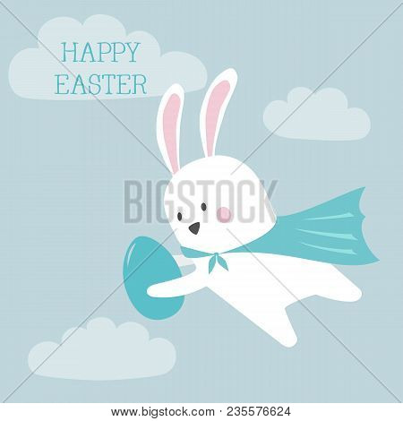 Cute Bunny With Easter Egg On Blue Background. Vector Illustration.