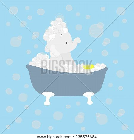 Cartoon Elephant Bathing With Lather. Vector Illustration.