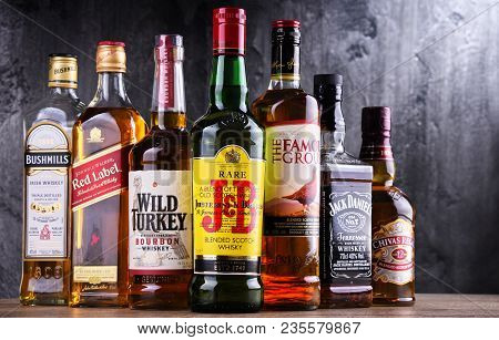 Poznan, Poland - Mar 30, 2018: Bottles Of Several Global Whiskey Brands, The Most Popular Liquor In 