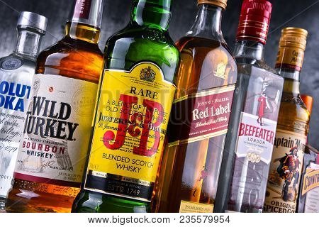 Poznan, Poland - Mar 30, 2018: Bottles Of Assorted Global Hard Liquor Brands