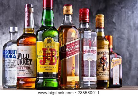 Poznan, Poland - Mar 30, 2018: Bottles Of Assorted Global Hard Liquor Brands