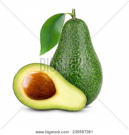 Isolated Avocado. Whole Avocado Fruit And Two Halves In A Row Isolated On White Background.
