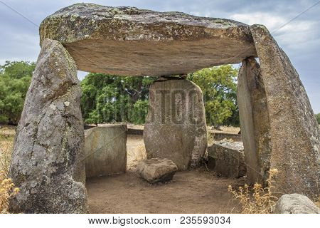 Dolmen Of La Lapita, Closeup. Ancient Prehistoric Building Located Near Barcarrota. Extremadura. Spa