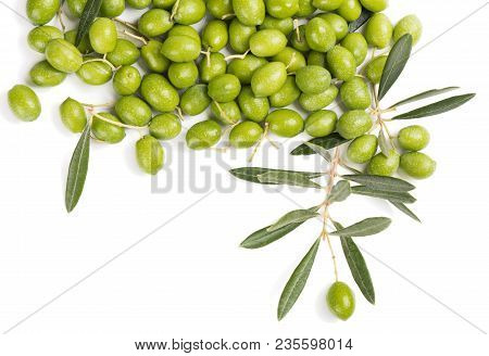 Pile And Twig Of Fresh Green Olives With Leaves Isolated On White Background, Top View.