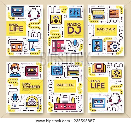 Set Of Thin Line Radio Life Day Concept. Art Old School Tv Equpment , Magazine, Book, Poster, Abstra