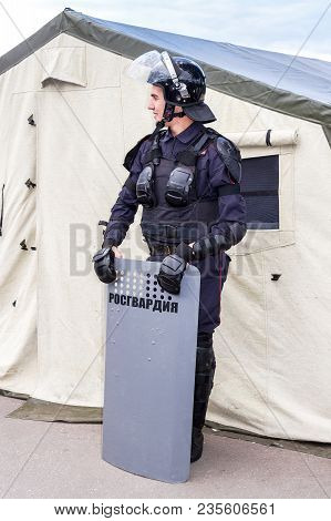 Samara, Russia - September 10, 2017: Special Forces Soldier Of Rosgvardia In Uniform With Shield And