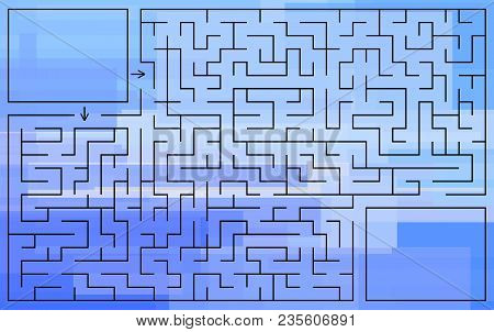 Labyrinth Game For Boys. Maze Conundrum With Entry And Exit Over Blue Colored Geometrical Background