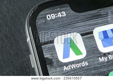 Sankt-petersburg, Russia, April 11, 2018: Google Adwords Application Icon On Apple Iphone X Screen C