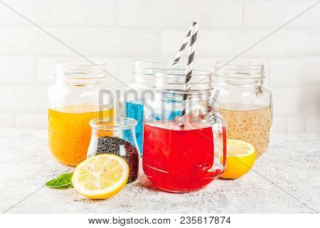 Set Of Different Chia Seed Drink, Tropical Fruit Cocktails,  Fresca, Grey Stone Background Copy Spac