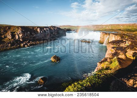 Fantastic view of powerful Godafoss cascade. Location Bardardalur valley, Skjalfandafljot river, Iceland, Europe. Scenic image of beautiful nature landscape. Amazing scenery. Discover beauty of earth.