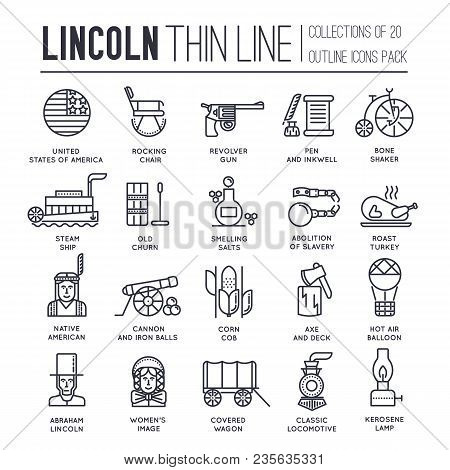 President Abraham Lincoln Day With Historical Xix 19 Century Elements Thin Line Icon Set. Vector Peo