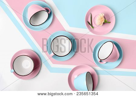 Clean Coffee Or Tea Set. Plenty Of Elegant Porcelain Light Blue And Pastel Pink Cups And At Funky Ab