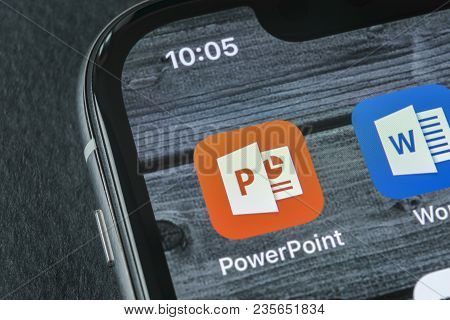 Sankt-petersburg, Russia, April 11, 2018: Microsoft Office Powerpoint Application Icon On Apple Ipho