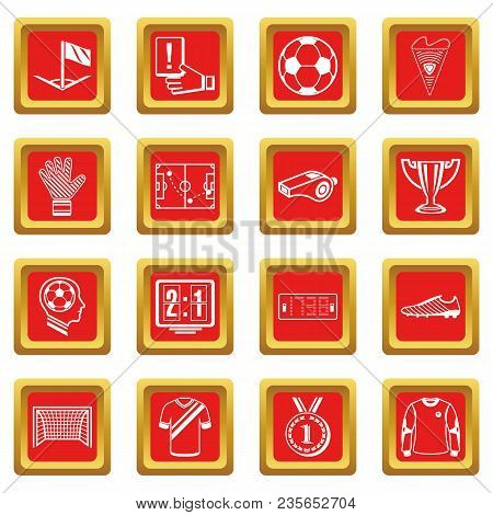 Soccer Football Icons Set Vector Red Square Isolated On White Background