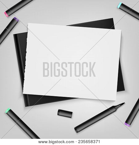 Markers With Sketchbook. Template For Your Illustration. Vector Illustration.. Template For Your Ill
