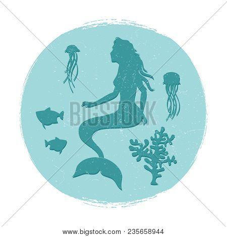 Vintage Underwater Life Label. Mermaid And Fishes, Jellyfish Silhouettes. Vector Illustration