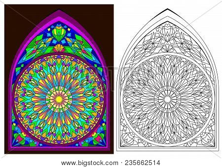 Colorful And Black And White Pattern Of Gothic Stained Glass Window With Rose, Vector Cartoon Image.