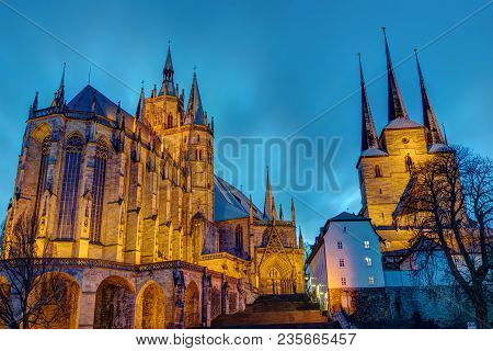 The Famous Cathedral And Severi Church In Erfurt Illuminated After Sunset