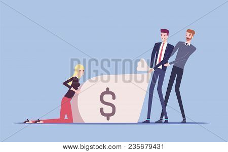 Team Of Businessmen Together Trying To Pull A Big Bag Of Money Making Every Effort, Apply All Force 