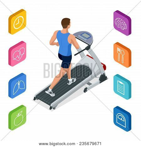 Isometric Young Man In Sportswear Running On Treadmill At Gym. Fitness And Health Icons. Running Mac