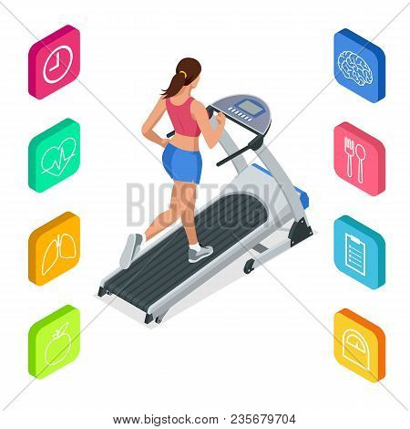 Isometric Young Woman In Sportswear Running On Treadmill At Gym. Fitness And Health Icons. Running M