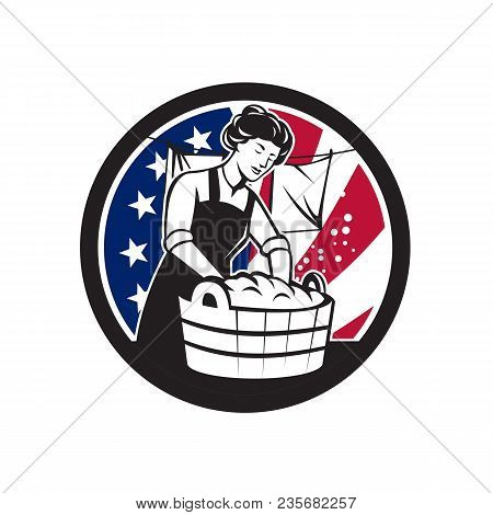Icon Retro Style Illustration Of An Vintage American Housewife Washing Laundry With United States Of