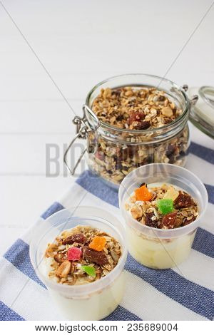 Healthy Homemade Granola Dried Fruits Oatflakes Wooden Table.