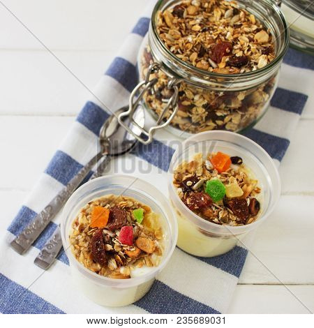 Healthy Homemade Granola Dried Fruits Oatflakes Wooden Table.
