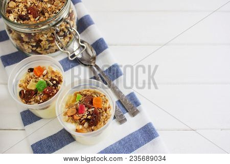 Healthy Homemade Granola Dried Fruits Oatflakes Wooden Table.