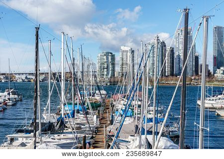 Vancouver, Canada - February 25, 2018: False Creek In Vancouver Canada At Sunny Winter Day