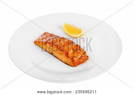Fish, Trout, Keta, Pink Salmon, A Piece, Baked, Fried Over An Open Fire, With A Slice Of Lemon. Appe