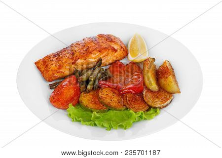 Fish, Trout, Keta, Pink Salmon, A Piece, Baked, Fried Over An Open Fire, With A Slice Of Lemon, Vege