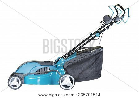 Lawn Mower Electric On Wheels Turquoise Colour With A Bag Of Grass Collector Isolated On White Backg