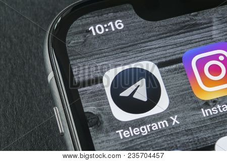 Sankt-petersburg, Russia, April 11, 2018: Telegram X Application Icon On Apple Iphone X Screen Close