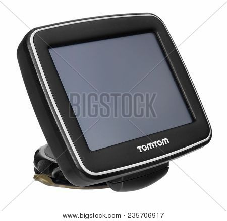 Tomtom Gps Car Navigation With Handle. Black Electronic Map Device.