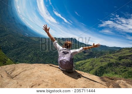 Digital Artifact Of Rolling Shutter In Photo Camera. Distortion Of Skyline. Caucasian Woman Sitting 