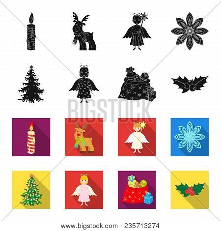 Christmas Tree, Angel, Gifts And Holly Black, Flet Icons In Set Collection For Design. Christmas Vec